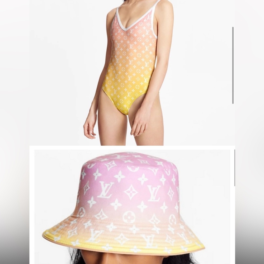 Louis Vuitton Pink Yellow Ombré monogram one piece swimsuit & Bucket Hat